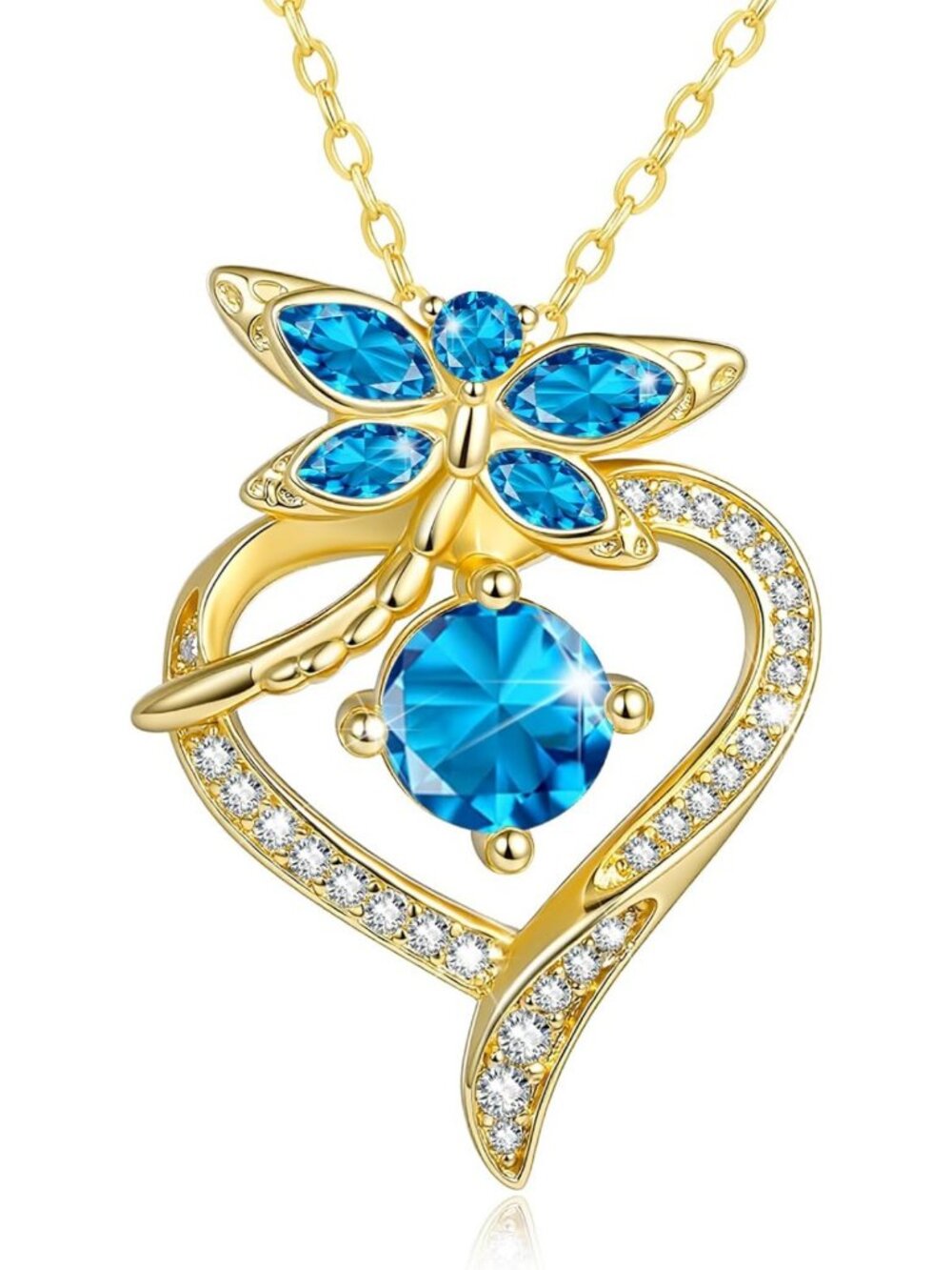 14K Gold Dragonfly Heart Birthstone Necklace - Perfect Gift for Women & Moms